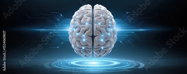 Obraz A digital brain illustration with glowing neural circuits symbolizing artificial intelligence and advanced technology in a futuristic design.