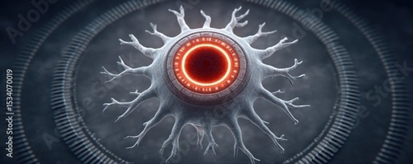 Fototapeta A futuristic, glowing red eye-like core is surrounded by branching, organic structures on a mechanical, circular platform.