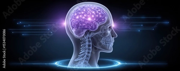 Fototapeta A digital illustration of a human head with a glowing brain, highlighting neural connections and futuristic technology in a blue and purple color scheme.