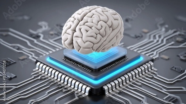 Fototapeta A digital brain model is placed on a glowing microchip, symbolizing the fusion of human intelligence and artificial technology in a futuristic circuit board environment.