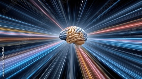 Fototapeta A digital representation of a human brain with dynamic light trails radiating outward, symbolizing intelligence, data flow, and neural connectivity.