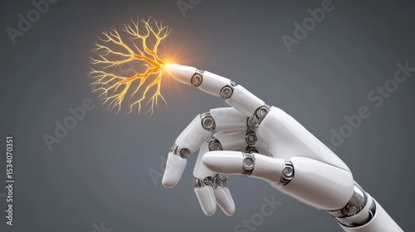 Obraz A robotic hand touches a glowing, branching neural network, symbolizing artificial intelligence and the fusion of technology with human-like cognition.