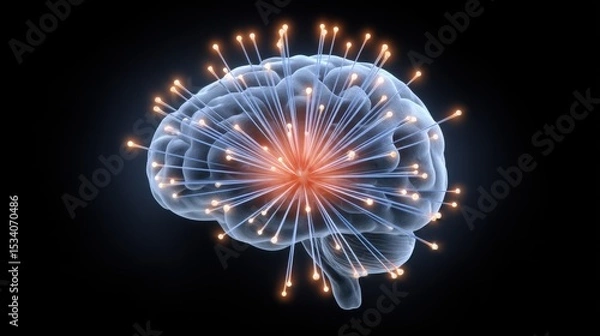 Fototapeta A glowing digital illustration of a human brain with interconnected neural pathways radiating light from a central point.