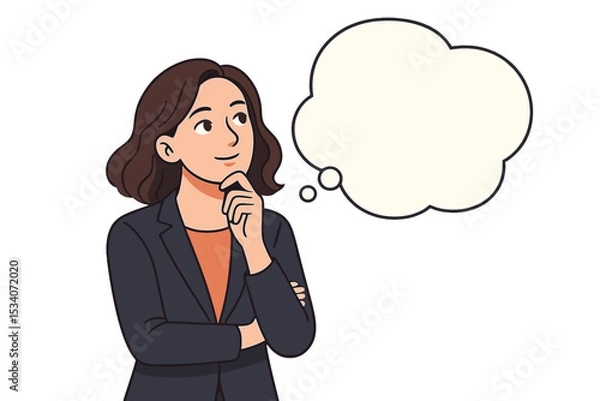Fototapeta Pensive businesswoman thinking with a blank thought bubble. Creative female professional looking for inspiration or planning a new business idea. Vector illustration with copy space.