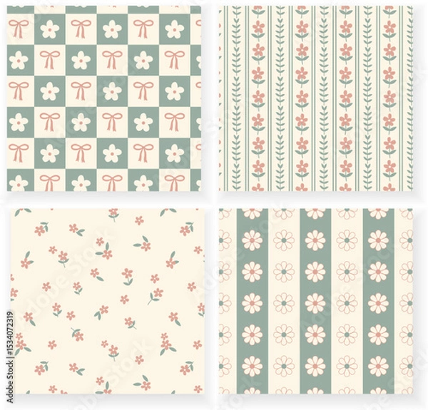 Fototapeta Set of seamless retro patterns with flowers, bows, and botanical stripes in soft pastel tones. Vintage wallpaper and textile design for home decor, packaging, stationery, fabric, and scrapbooking.