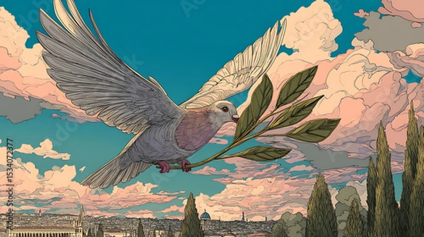 Obraz A dove soaring over a scenic cityscape, carrying an olive branch against a vibrant sky
