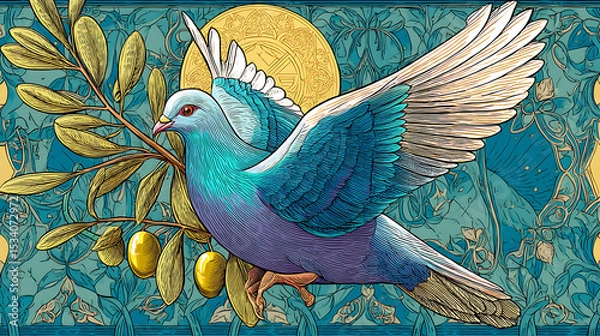 Obraz Colorful illustration of a dove in flight, surrounded by olive branches and intricate patterns