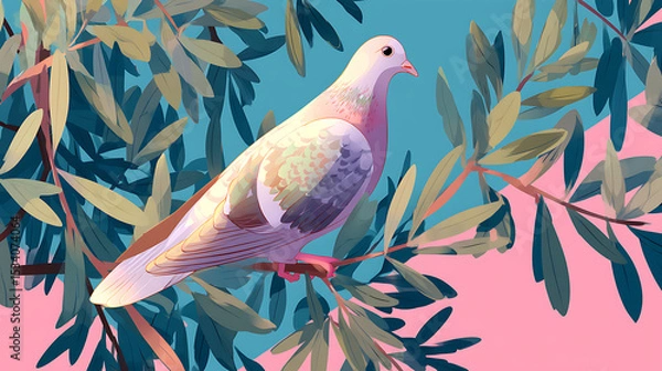 Obraz A serene illustration of a pigeon perched on lush green leaves against a pastel background