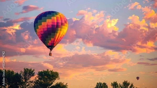 Obraz Dreamy Candy-Colored Hot Air Balloon: A Whimsical Soar Through Pastel Skies & Sugar-Coated Dreams — Embrace a Magical Flight Over Rainbow-Hued Landscapes, Where Fluffy Clouds Meet Swirling Cotton Cand