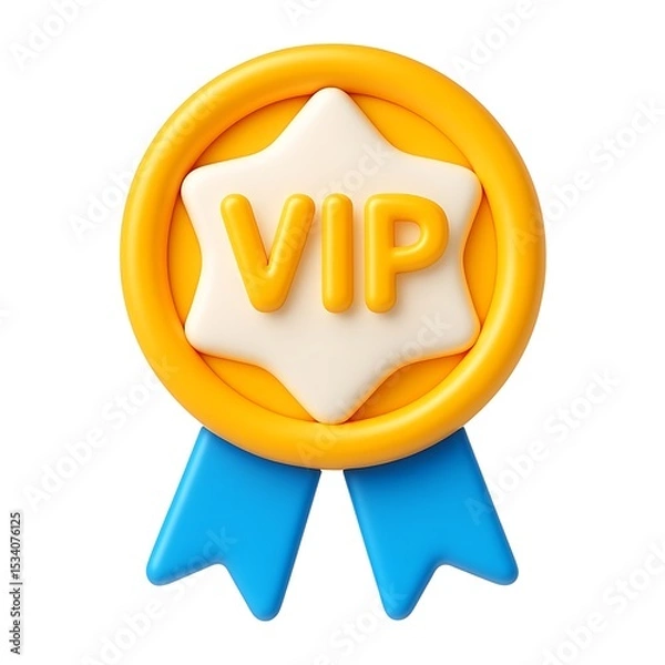 Fototapeta 3d icon of golden vip badge with blue ribbon isolated on white background