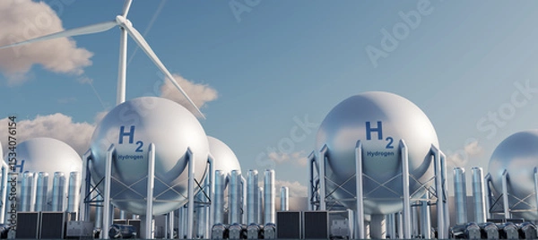 Fototapeta Advanced hydrogen production and storage facilities with spherical tanks and eco-friendly technologies. Glow effect. 3D illustration.