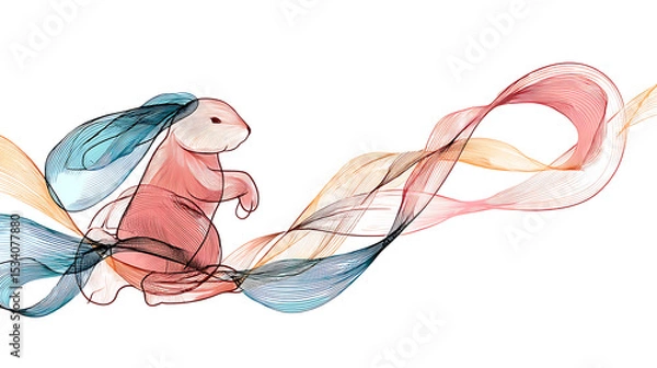 Fototapeta Abstract illustration of a rabbit gracefully moving through colorful flowing lines in a serene backdrop