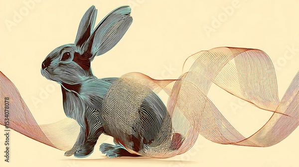 Obraz A stylized rabbit in motion, surrounded by flowing ribbons, set against a soft pastel background