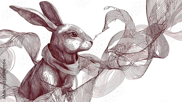 Obraz A detailed illustration of a rabbit wearing a scarf, surrounded by flowing abstract lines, symbolizing movement and elegance