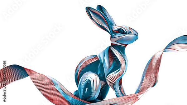 Obraz Colorful abstract rabbit sculpture with flowing ribbons, set against a white background