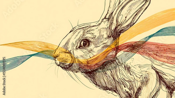 Obraz Artistic illustration of a rabbit with flowing ribbons, symbolizing freedom and creativity
