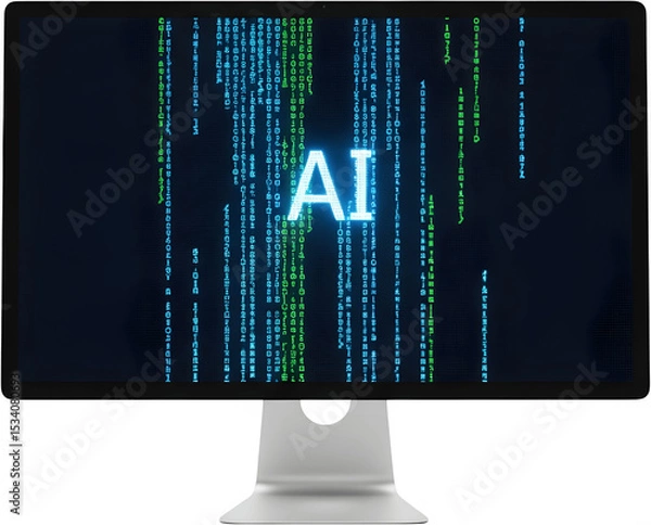 Obraz AI코드흐르는컴퓨터모니터_흰배경스튜디오촬영