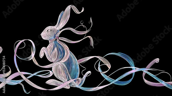 Obraz Colorful abstract illustration of a rabbit surrounded by flowing ribbons on a dark background