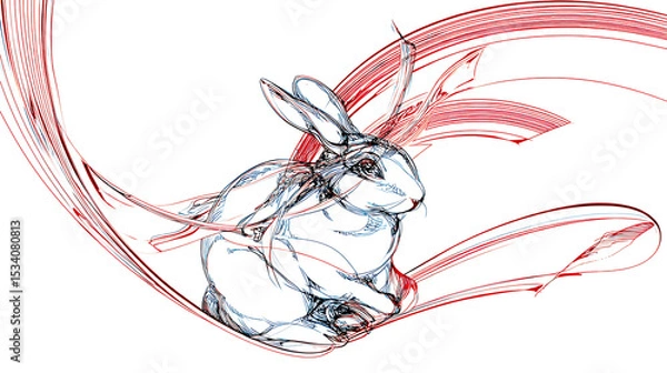 Fototapeta Artistic depiction of a rabbit surrounded by flowing red lines, symbolizing movement and grace