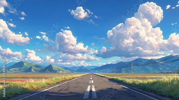 Obraz Serene landscape featuring a long, empty road stretching towards distant mountains under a bright sky