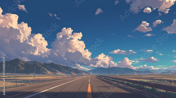 Obraz Scenic highway stretching through vibrant mountains under a blue sky with fluffy clouds