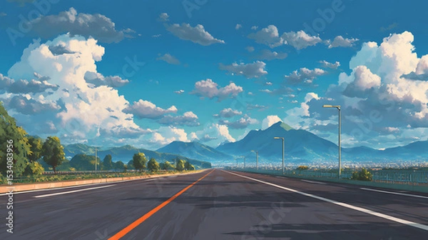 Obraz Scenic highway stretching towards distant mountains under a bright blue sky with fluffy clouds