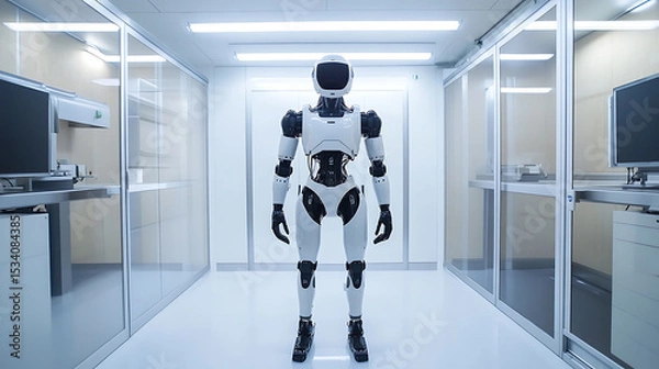 Fototapeta Advanced humanoid robot standing in a modern laboratory corridor