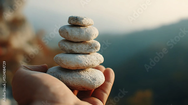 Obraz A hand carefully balancing a stack of smooth stones against a serene mountain backdrop at sunset