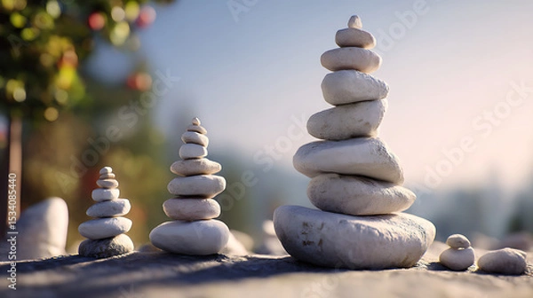 Obraz Tranquil scene of balanced stone stacks in a serene outdoor setting with greenery