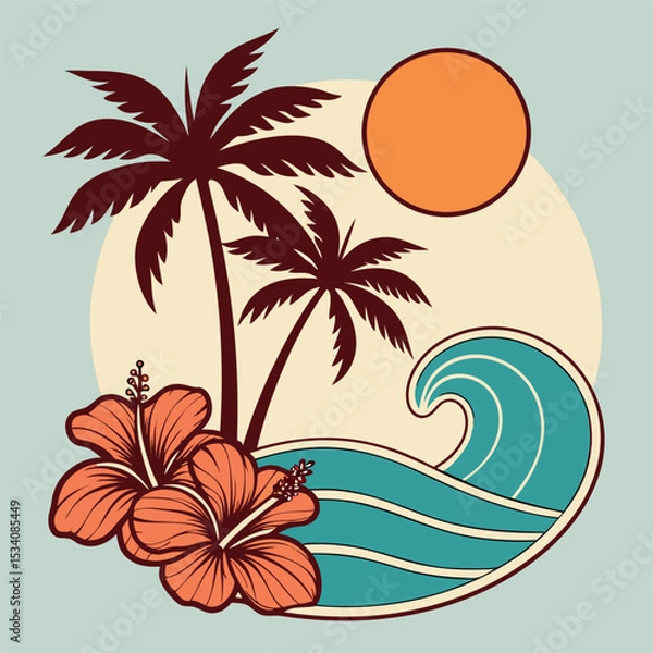 Fototapeta Tropical Beach with Palm Trees Hibiscus Flowers and Ocean Waves