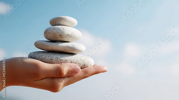 Obraz A hand carefully balancing four smooth stones against a serene blue sky with soft clouds