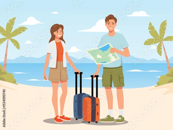 Obraz Happy tourist with Large travel bag luggage for travel and exploring the beach. The lovers holding map and passport, smiling. Summer vacation and tropical travel concept illustration.
