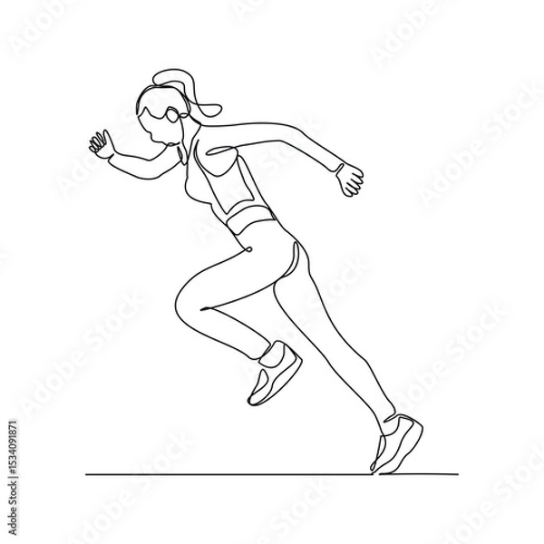 Obraz Continuous single line drawing of female runner athlete running sport sketch art editable stroke vector illustration