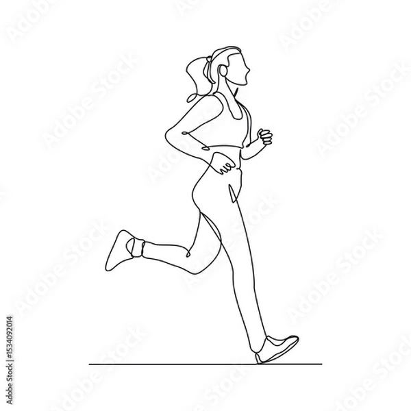 Obraz Continuous single line drawing of female runner athlete running sport sketch art editable stroke vector illustration