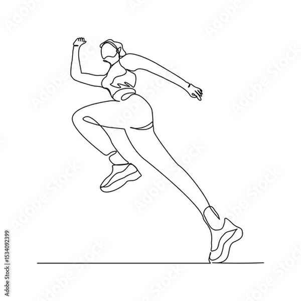 Obraz Continuous single line drawing of female runner athlete running sport sketch art editable stroke vector illustration