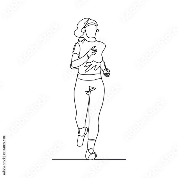 Obraz Continuous single line drawing of female runner athlete running sport sketch art editable stroke vector illustration