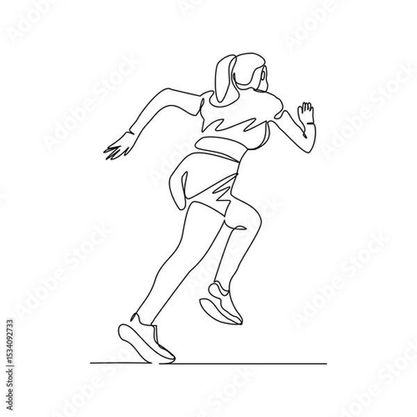 Obraz Continuous single line drawing of female runner athlete running sport sketch art editable stroke vector illustration