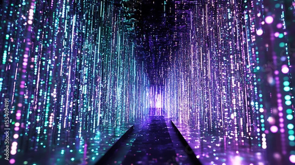 Fototapeta A vibrant digital tunnel with cascading light particles in blue and purple hues.