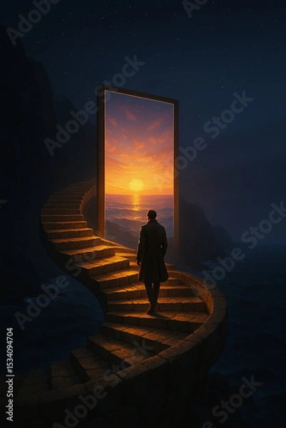Obraz "Ascending to Light: Man Climbing Stone Staircase Toward Sunrise Portal | Surreal Twilight Journey in Cinematic EXR"