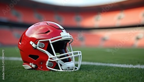 Fototapeta Close-up of red football helmet on stadium grass field. White protective face mask, professional sport equipment for head protection. American football game concept.