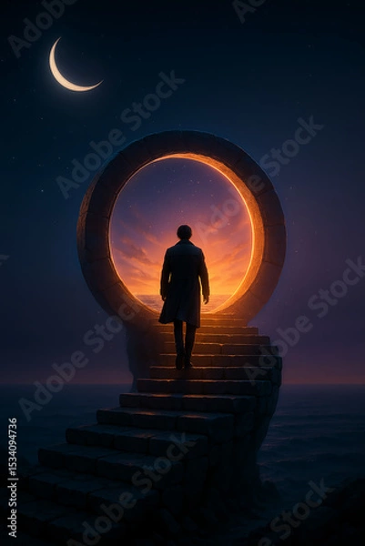 Obraz "Ascending to Light: Man Climbing Stone Staircase Toward Sunrise Portal | Surreal Twilight Journey in Cinematic EXR"