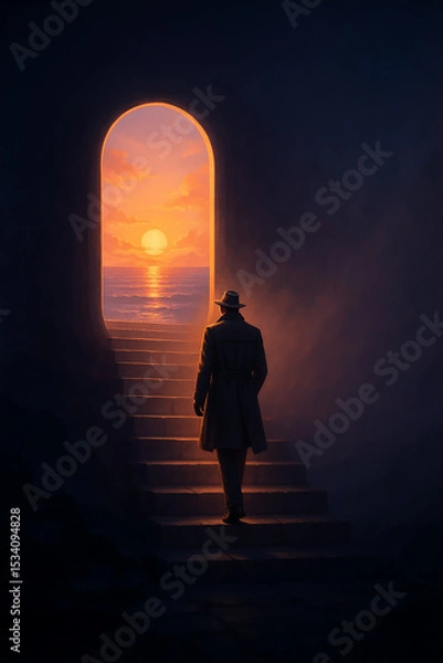 Obraz "Ascending to Light: Man Climbing Stone Staircase Toward Sunrise Portal | Surreal Twilight Journey in Cinematic EXR"