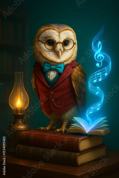 Obraz "Spectacled Owl in Vintage Waistcoat with Holographic Bookmark | Retro-Futuristic Audiobook Concept"