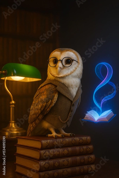Obraz "Spectacled Owl in Vintage Waistcoat with Holographic Bookmark | Retro-Futuristic Audiobook Concept"
