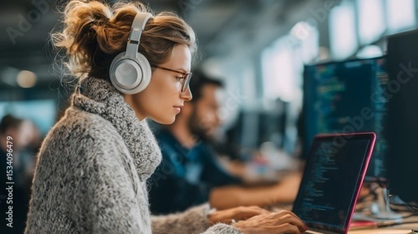 Fototapeta Female software developer typing code on her laptop