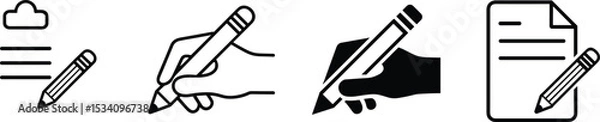 Fototapeta Writing pencil icons, hand holding pencil drawing, document and clipboard design, black and white line art, creative note-taking, education, office, editable vector illustration