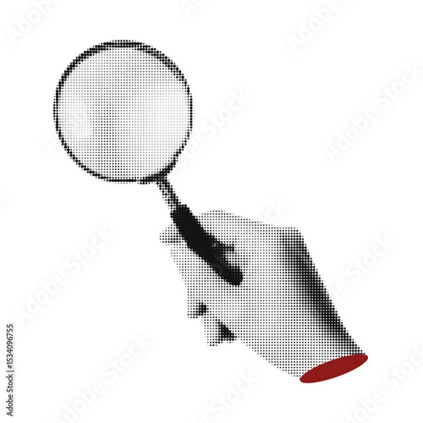 Obraz Hand with magnifying glass collage. Grunge punk halftone sticker. Trendy retro vector illustration for poster, print, banner.