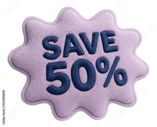 Obraz Purple starburst sticker with SAVE 50% in plush style, cozy retail promo offer on transparent background.