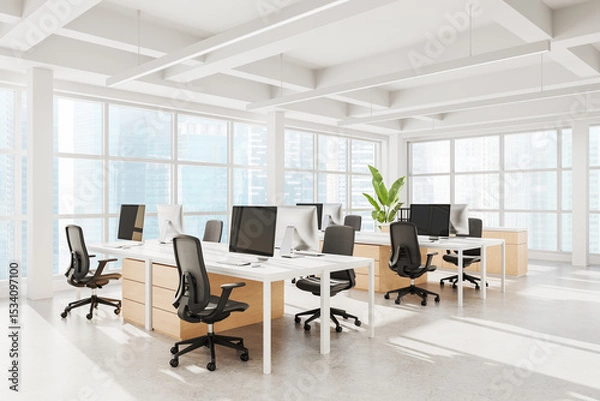 Fototapeta Modern open space office interior with ergonomic chairs, wooden desks, large windows, bright daylight, and minimalist design concept. 3D Rendering