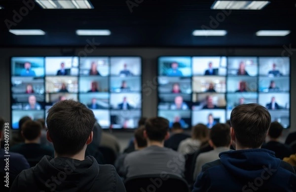 Obraz Rear view of diverse university students using laptops in modern classroom during video conference with business professional on large screen, collaborative learning and technology integration concept